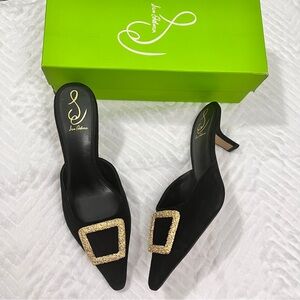 Sam Edelman Black Suede Heels  Mules Brit with Gold Buckle size 9 1/2